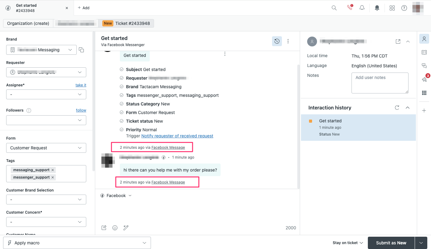 Esempio di ticket tramite messaggio Facebook