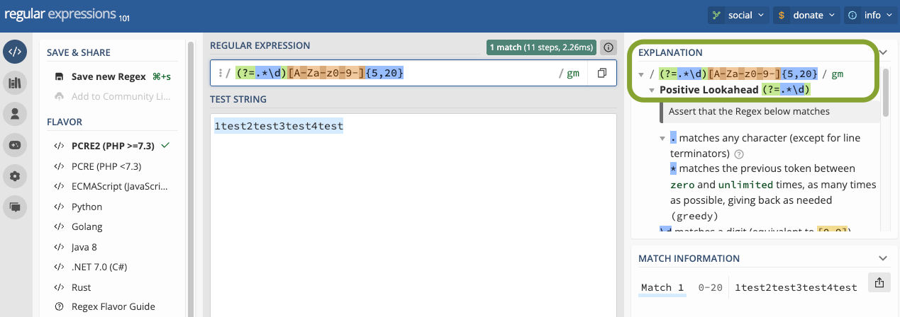 Beispiel-Screenshot für Regex Lookahead