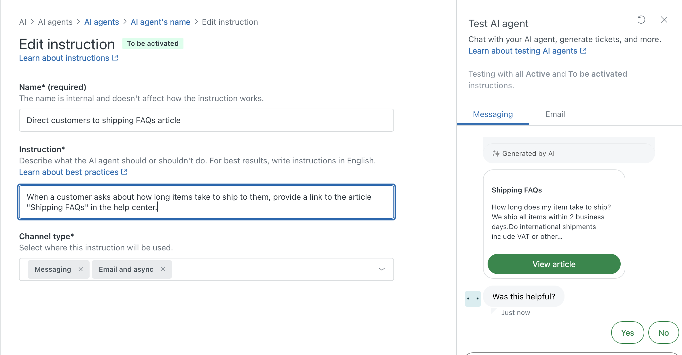 Instructions de agent IA pour fournir des articles à partir du centre d’aide