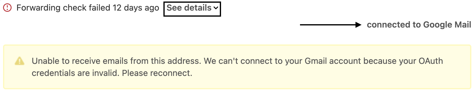 Forwarding check failed, connected to Google Mail error.png
