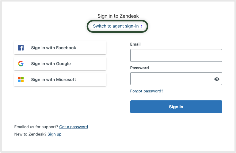 module to sign in highlighting the switch to agent sign-in option