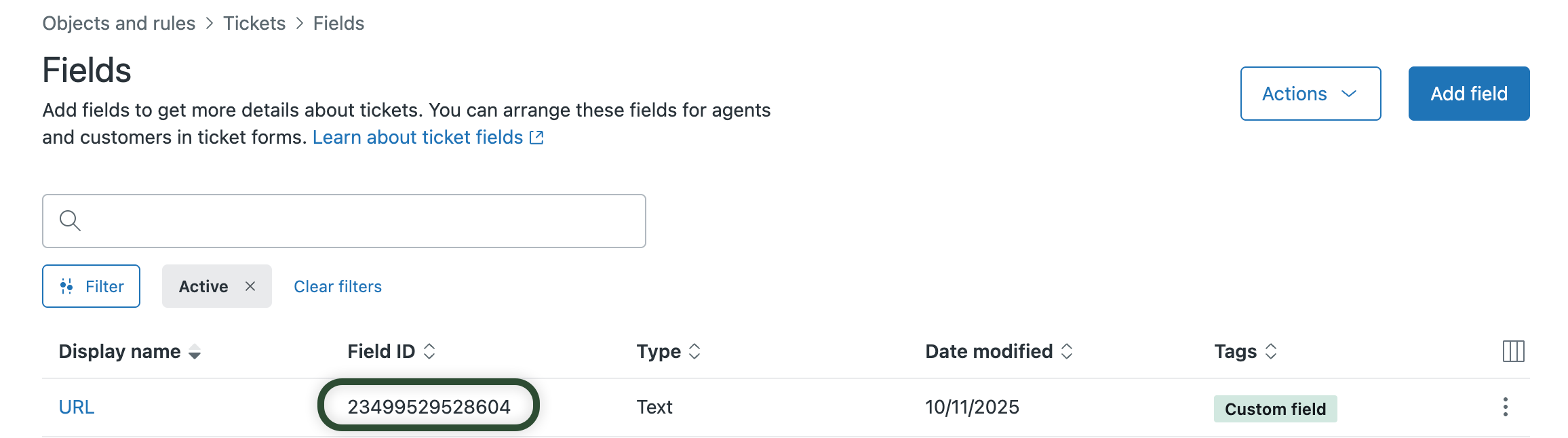 La pagina Campi evidenzia l’ID del campo